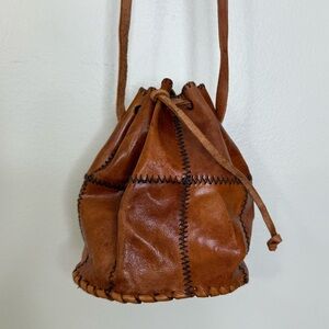 VINTAGE BROWN PATCHWORK LEATHER DRAWSTRING CROSSBODY BAG